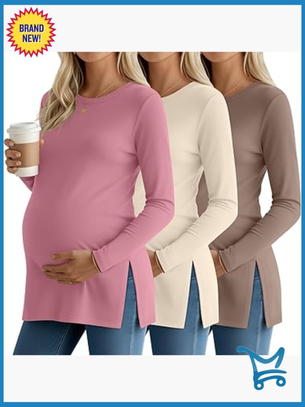 3 Pack Maternity Shirts Split Side Crew Neck Lounge Tee Long Sleeve Loose Fit
